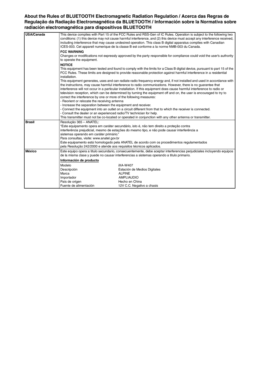 Alpine iXA-W407 owner manual FCC Warning 