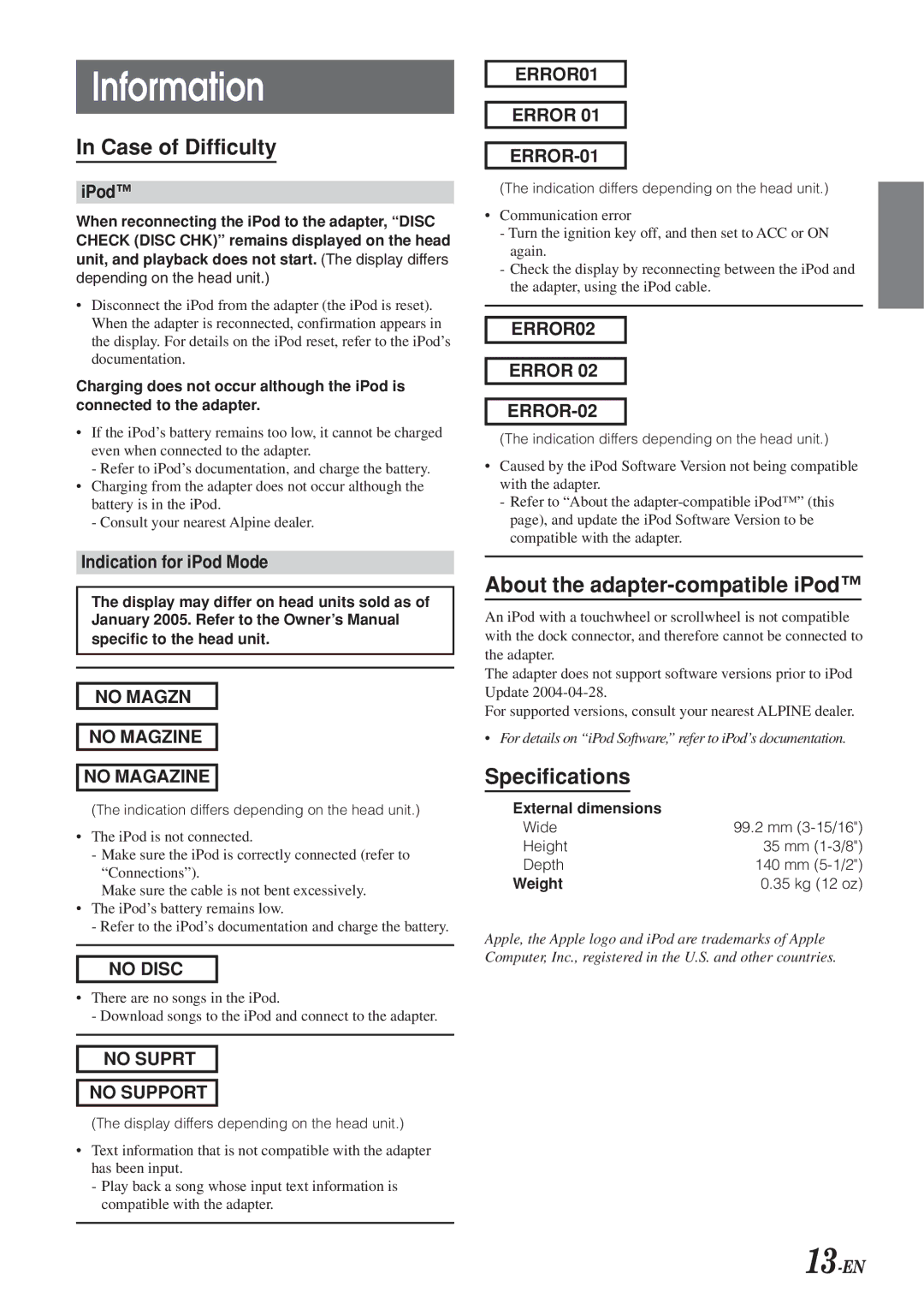 Alpine KCA-420i owner manual Information, Case of Difficulty, About the adapter-compatible iPod, Specifications 