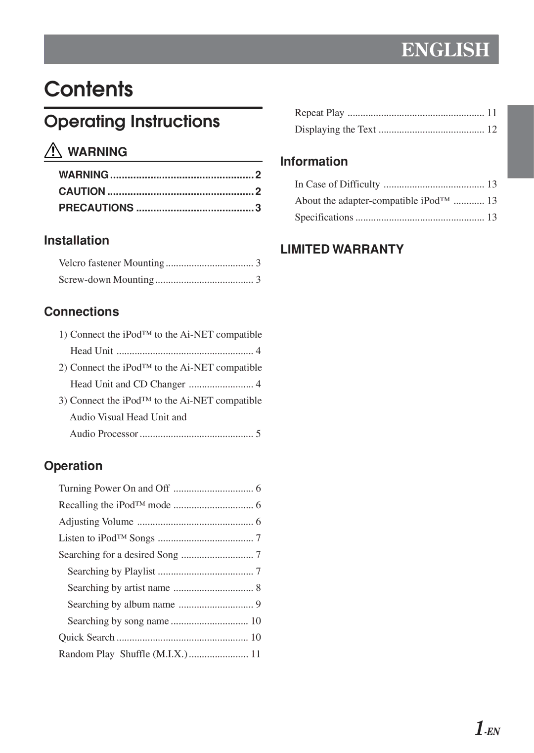 Alpine KCA-420i owner manual Contents 