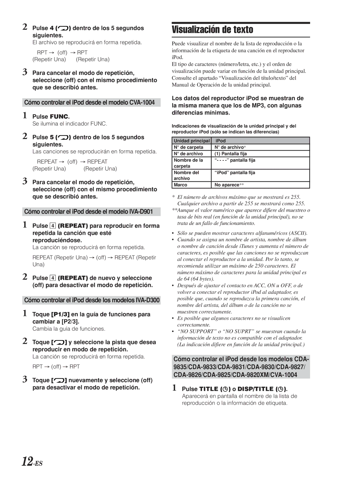 Alpine KCA-420i owner manual Visualización de texto, Pulse 4 dentro de los 5 segundos siguientes 