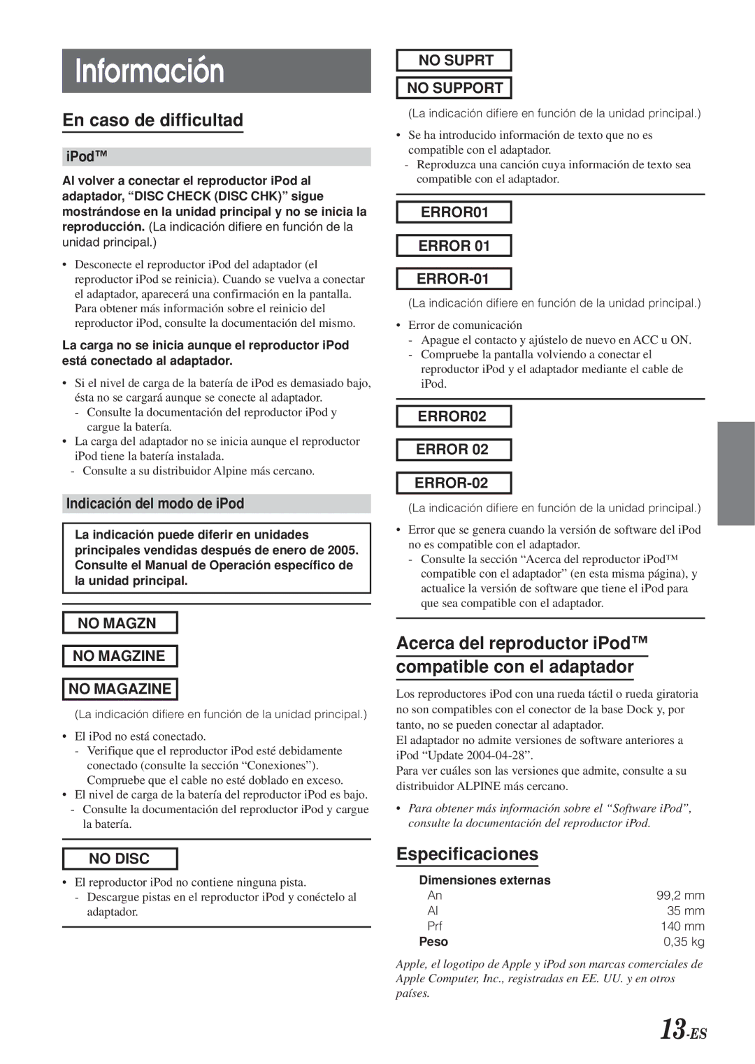 Alpine KCA-420i owner manual Información, En caso de difficultad, Acerca del reproductor iPod Compatible con el adaptador 