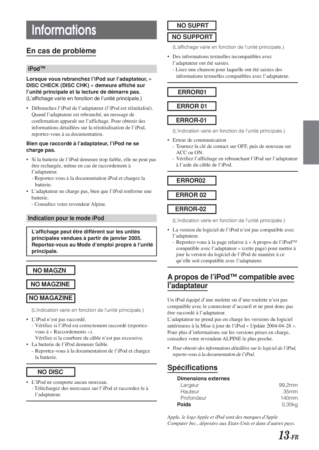 Alpine KCA-420i Informations, En cas de problème, Propos de l’iPod compatible avec l’adaptateur, Spécifications 