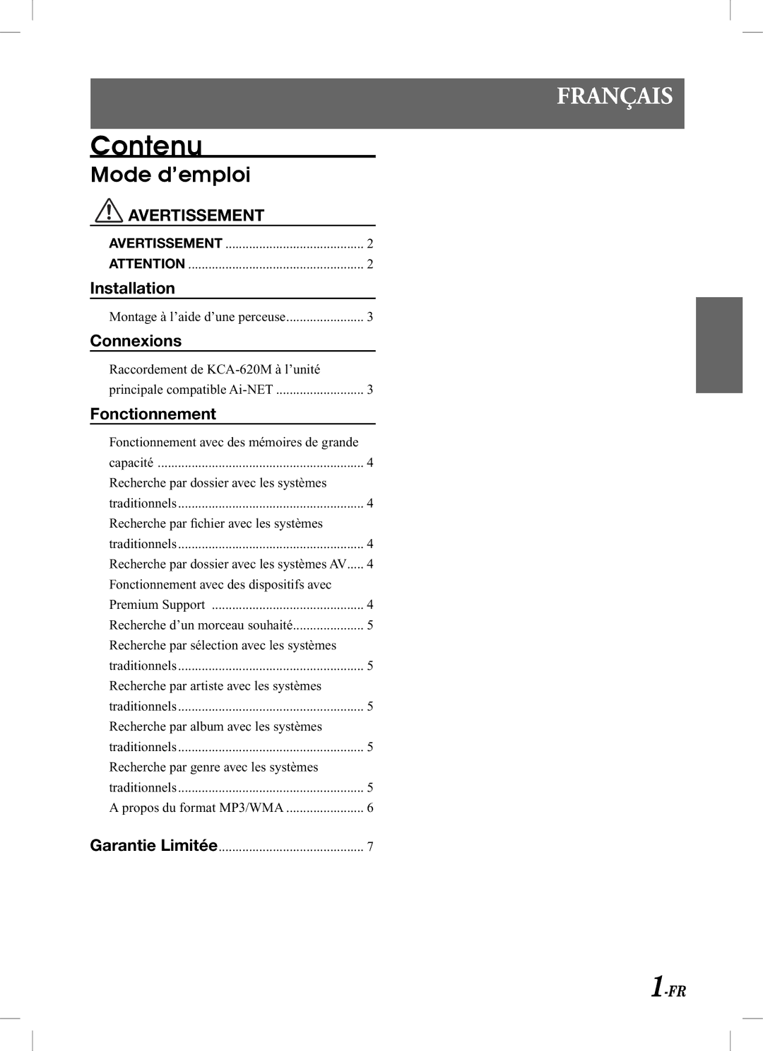 Alpine KCA-620M owner manual Contenu, Mode d’emploi, Connexions, Fonctionnement 