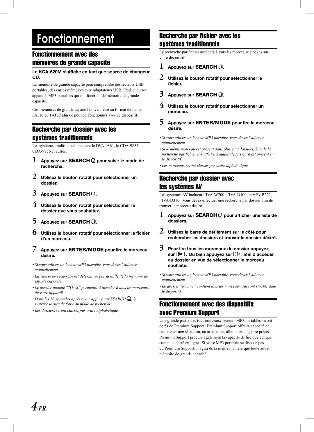 Alpine KCA-620M owner manual Fonctionnement, Recherche par dossier avec les systèmes traditionnels 