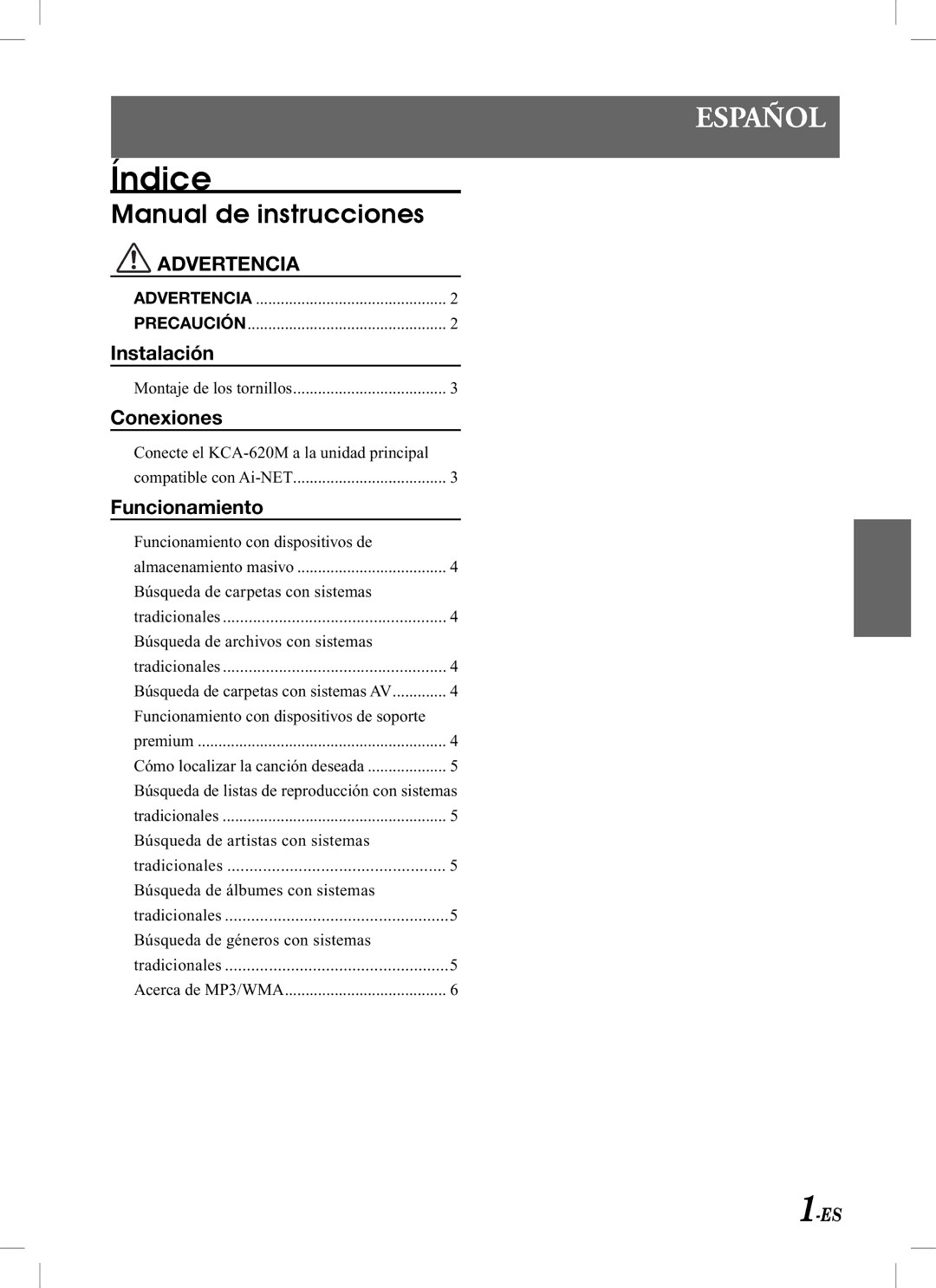 Alpine KCA-620M owner manual Índice, Manual de instrucciones, Instalación, Conexiones, Funcionamiento 