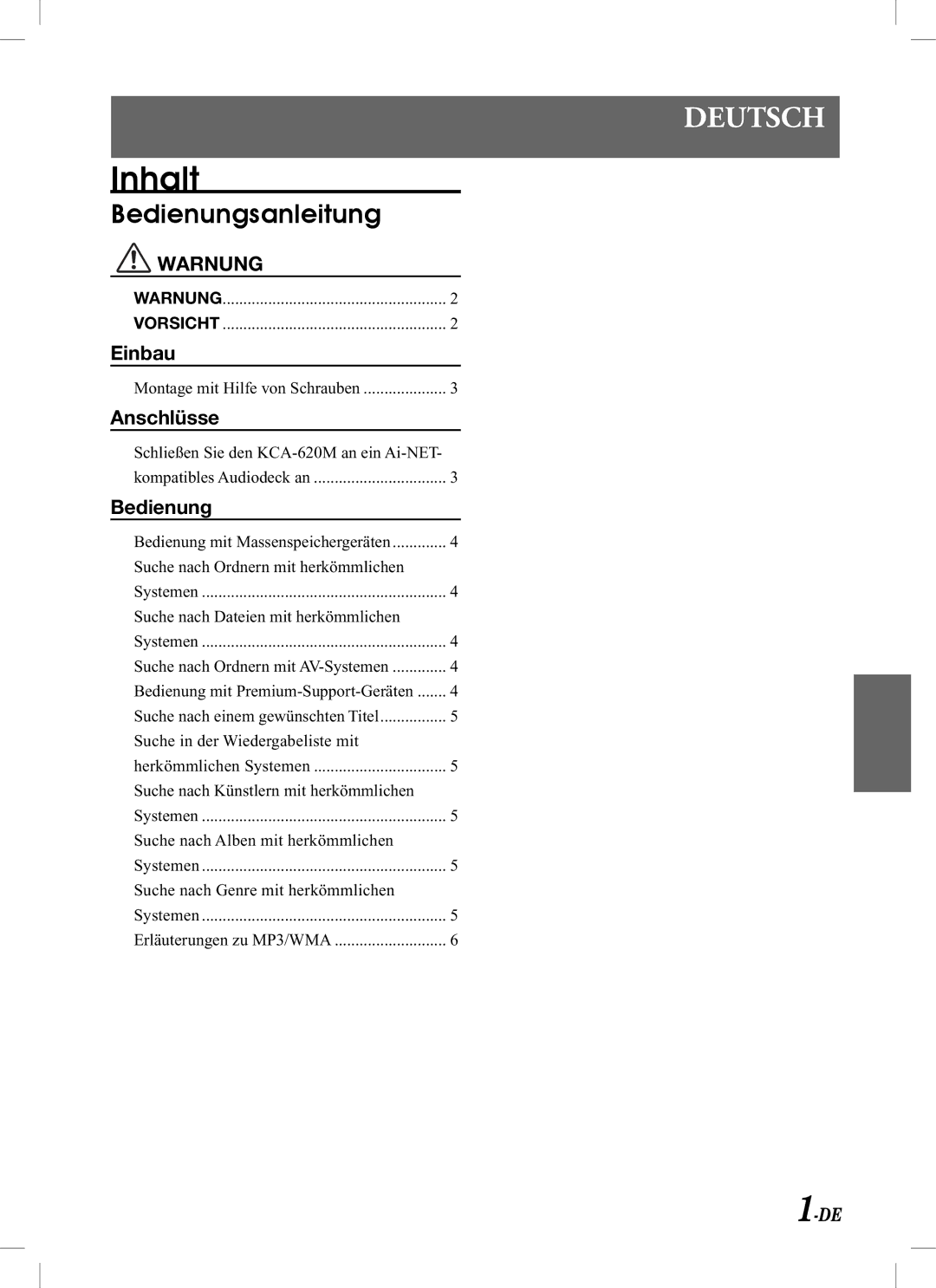 Alpine KCA-620M owner manual Inhalt, Bedienungsanleitung, Einbau, Anschlüsse 