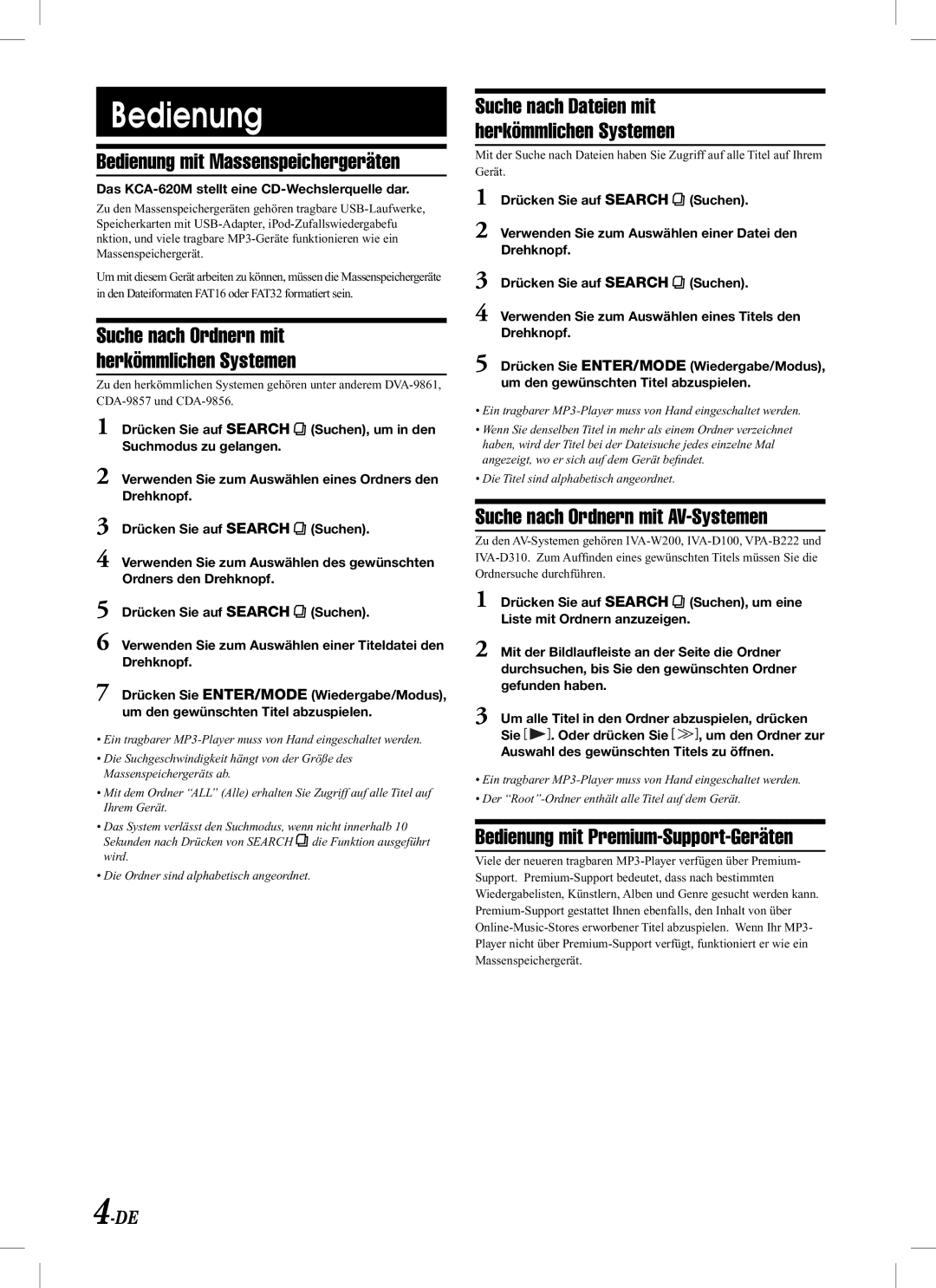 Alpine KCA-620M owner manual Bedienung mit Massenspeichergeräten, Suche nach Ordnern mit AV-Systemen 