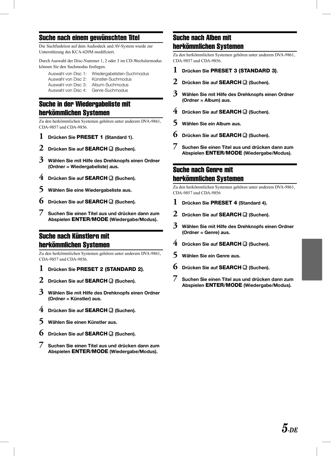 Alpine KCA-620M owner manual Suche nach einem gewünschten Titel, Suche nach Künstlern mit herkömmlichen Systemen 