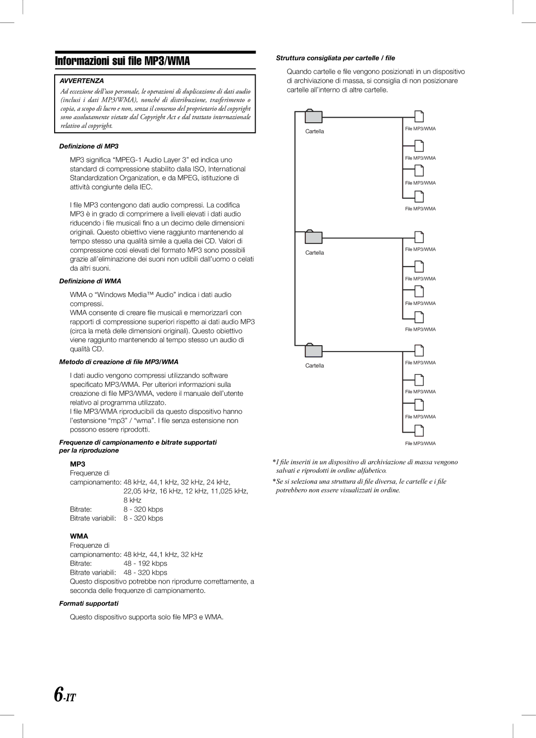 Alpine KCA-620M owner manual Informazioni sui ﬁle MP3/WMA 