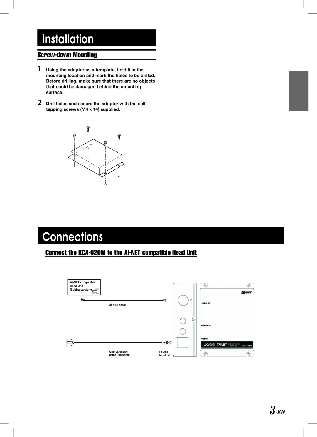 Alpine Installation, Connections, Screw-down Mounting, Connect the KCA-620M to the Ai-NET compatible Head Unit 