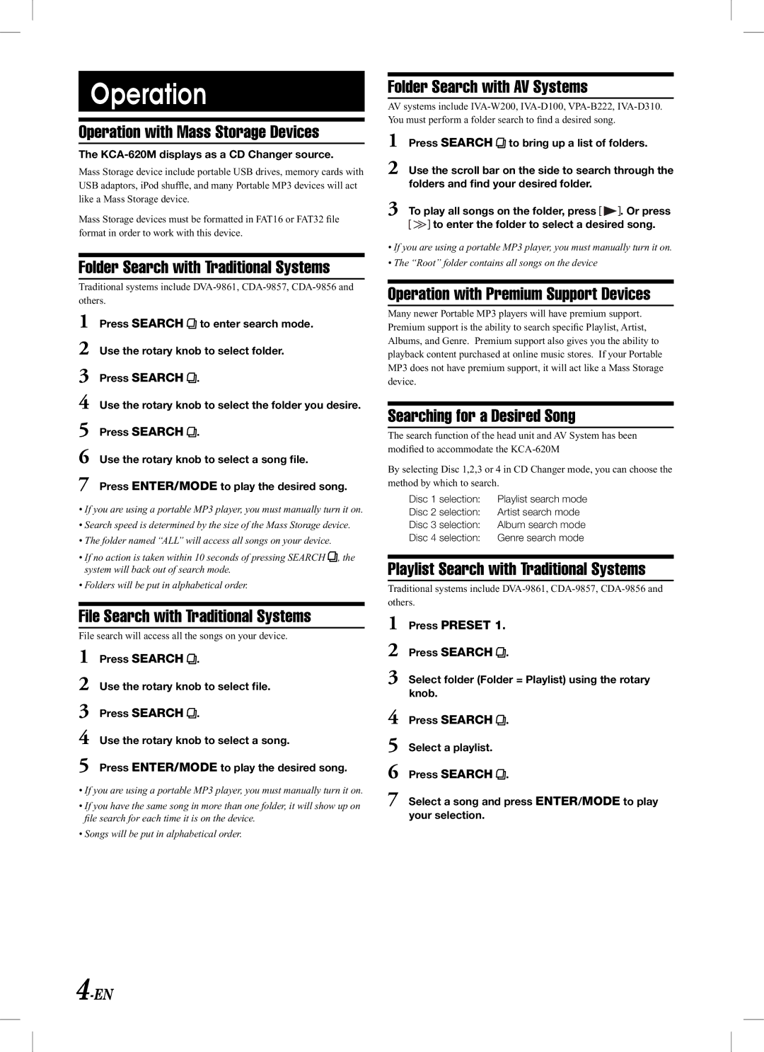 Alpine KCA-620M owner manual Operation 