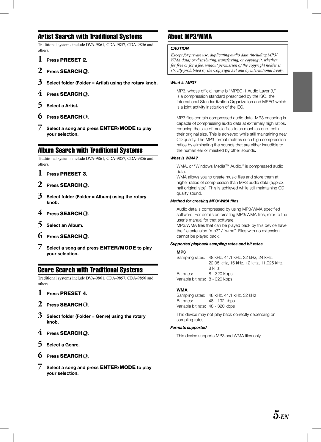 Alpine KCA-620M owner manual Artist Search with Traditional Systems, Album Search with Traditional Systems, About MP3/WMA 