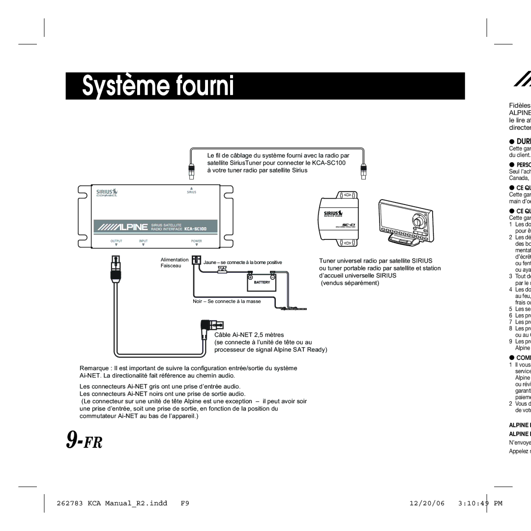 Alpine KCA-SC100 owner manual Système fourni, Cette gar du client 