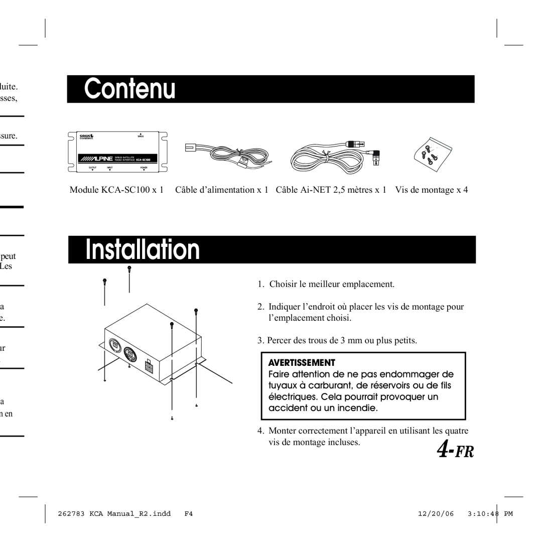 Alpine KCA-SC100 owner manual Contenu, Avertissement, Installation 