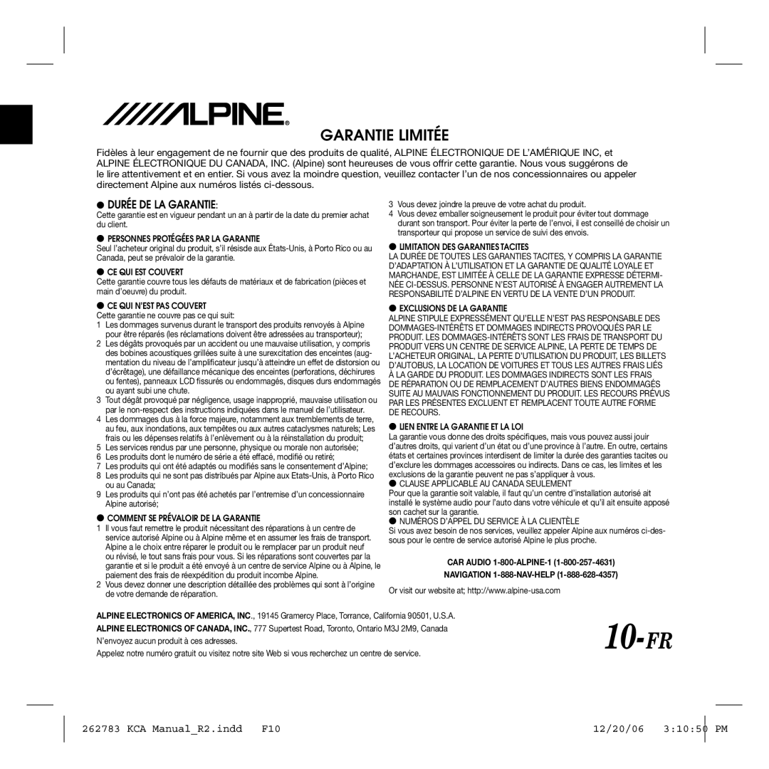 Alpine KCA-SC100 owner manual 10-FR, Garantie Limitée, Durée De La Garantie, KCA ManualR2.indd, 12/20/06, 31050 