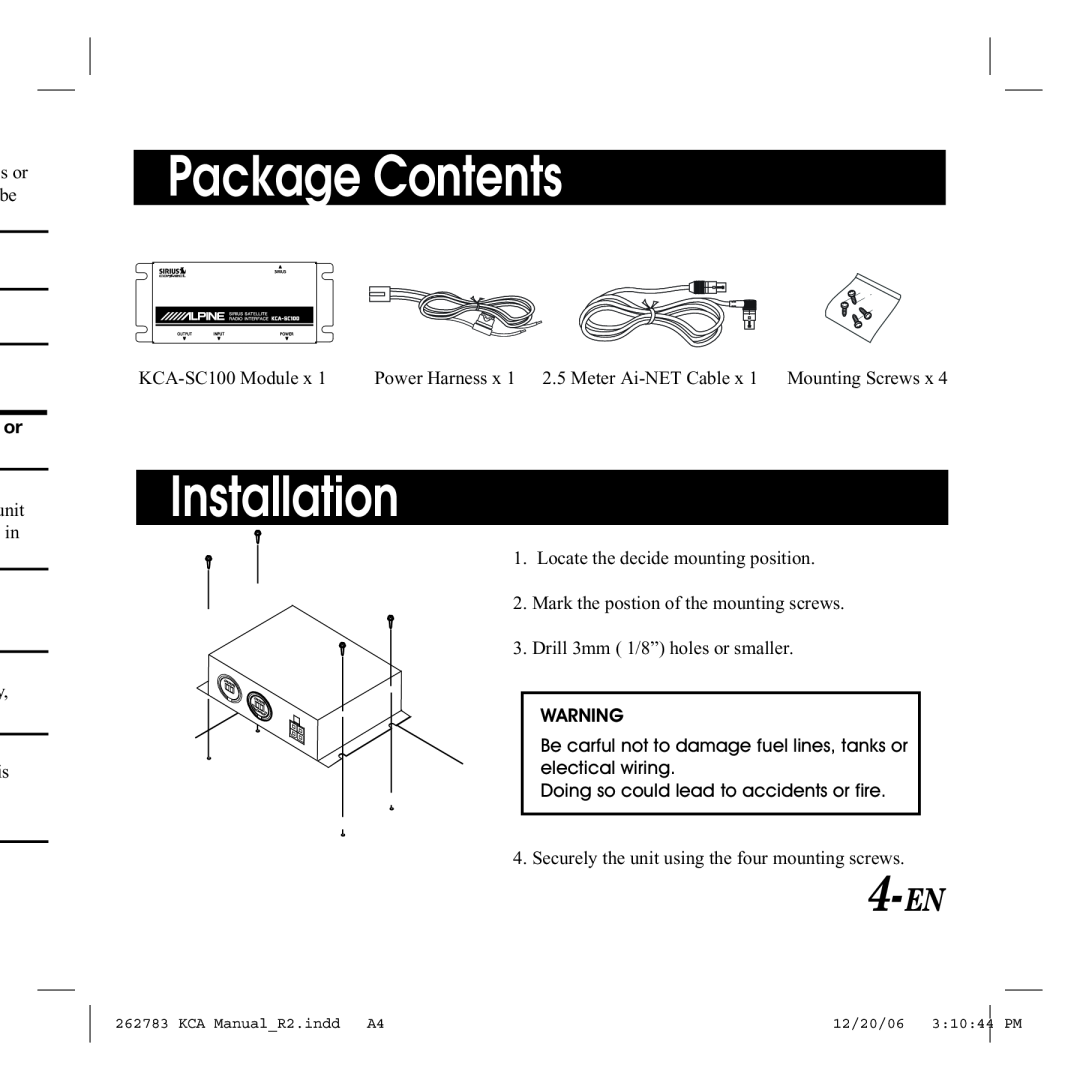Alpine KCA-SC100 owner manual Package Contents, Installation, 4-EN 