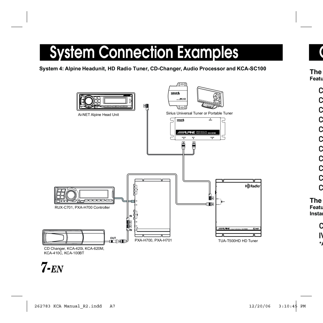 Alpine KCA-SC100 7-EN, System Connection Examples, Featu, Instan, KCA ManualR2.indd, 12/20/06, 31045, TUA-T500HD HD Tuner 