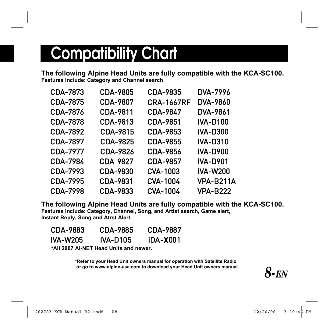Alpine KCA-SC100 owner manual Compatibility Chart, 8-EN 