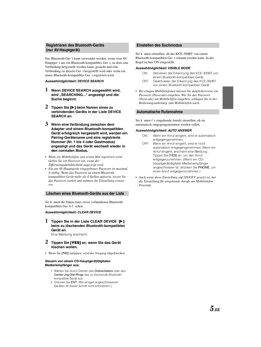 Alpine KCE-300BT Registrieren des Bluetooth-Geräts Nur AV-Hauptgerät, Einstellen des Suchmodus, Automatische Rufannahme 