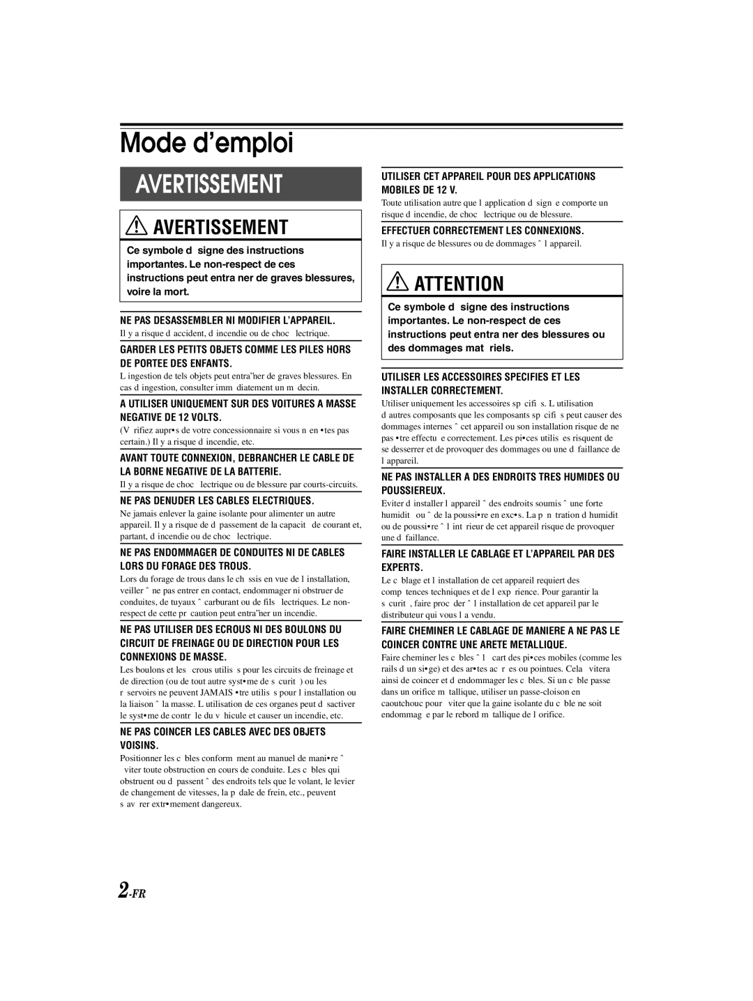 Alpine KCE-300BT owner manual Mode d’emploi, NE PAS Desassembler NI Modifier L’APPAREIL 