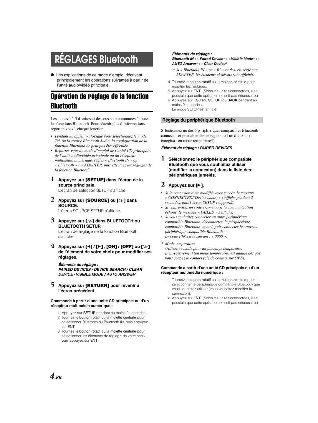 Alpine KCE-300BT owner manual Opération de réglage de la fonction Bluetooth, Réglage du périphérique Bluetooth 