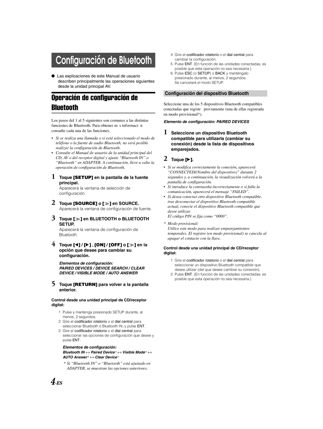 Alpine KCE-300BT owner manual Configuración del dispositivo Bluetooth, Toque Setup en la pantalla de la fuente principal 