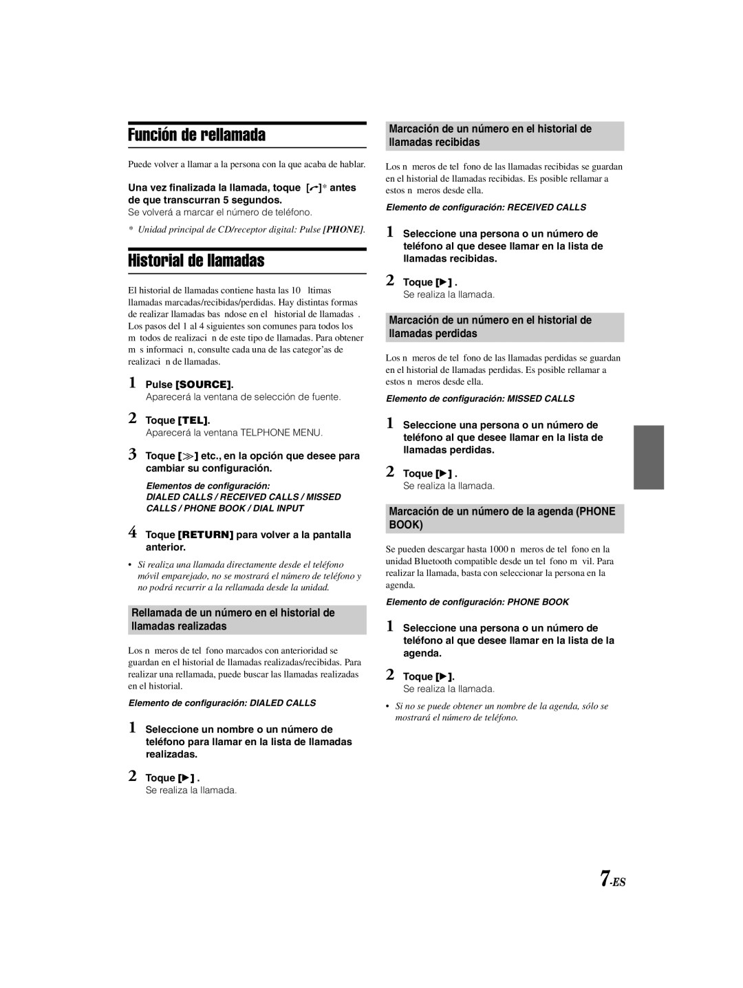 Alpine KCE-300BT Función de rellamada, Historial de llamadas, Marcación de un número en el historial de Llamadas perdidas 