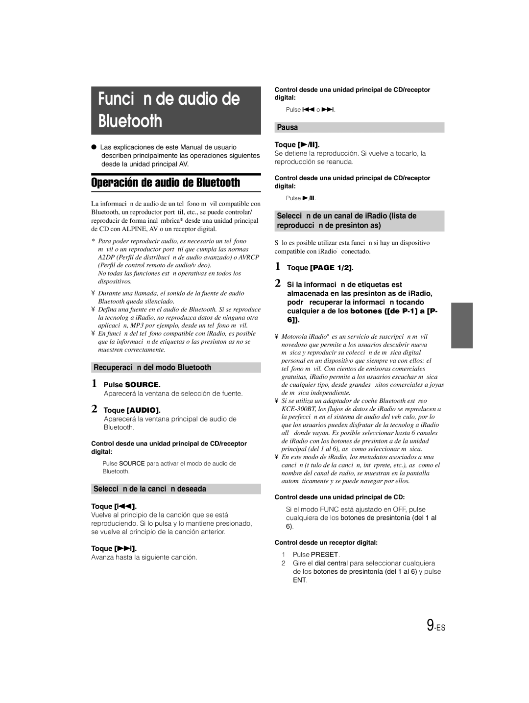 Alpine KCE-300BT Función de audio de Bluetooth, Operación de audio de Bluetooth, Recuperación del modo Bluetooth, Pausa 