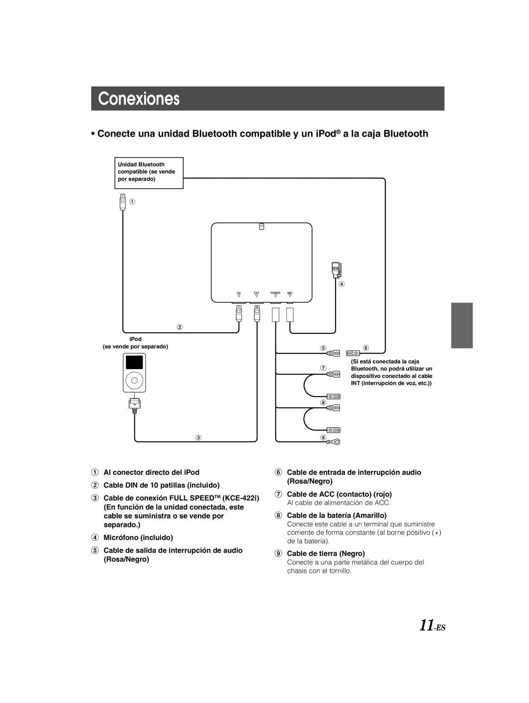 Alpine KCE-300BT owner manual Conexiones, Cable de la batería Amarillo, Cable de tierra Negro 