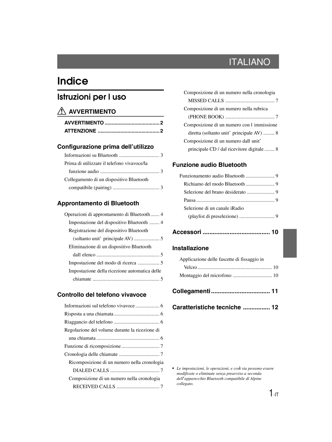 Alpine KCE-300BT owner manual Indice, Istruzioni per l’uso 