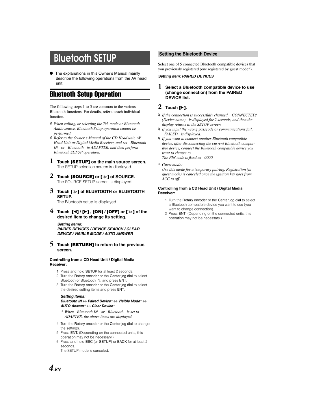 Alpine KCE-300BT Bluetooth Setup Operation, Setting the Bluetooth Device, Touch of Bluetooth or Bluetooth Setup 