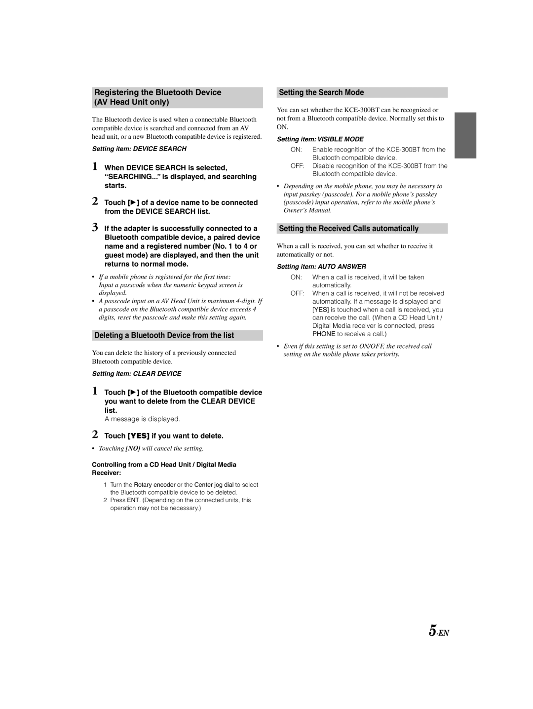 Alpine KCE-300BT owner manual Registering the Bluetooth Device AV Head Unit only, Deleting a Bluetooth Device from the list 