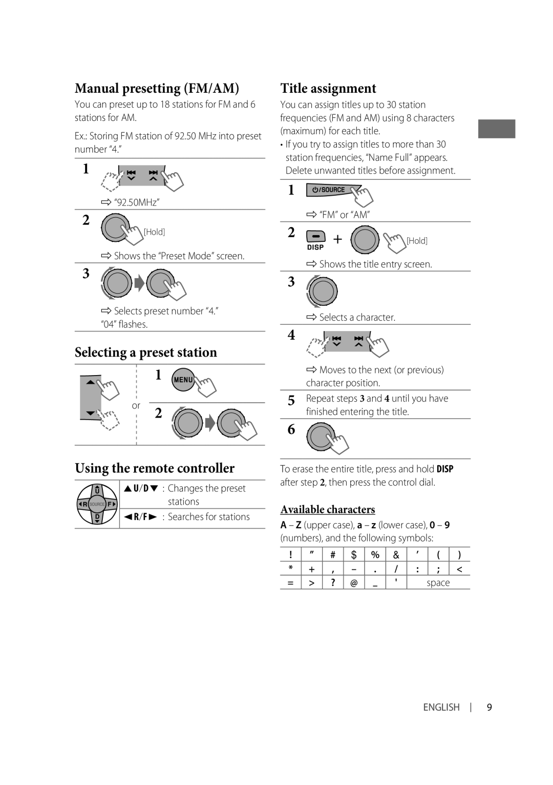 Alpine KD-R810, KD-A815 manual Manual presetting FM/AM, Selecting a preset station Title assignment 