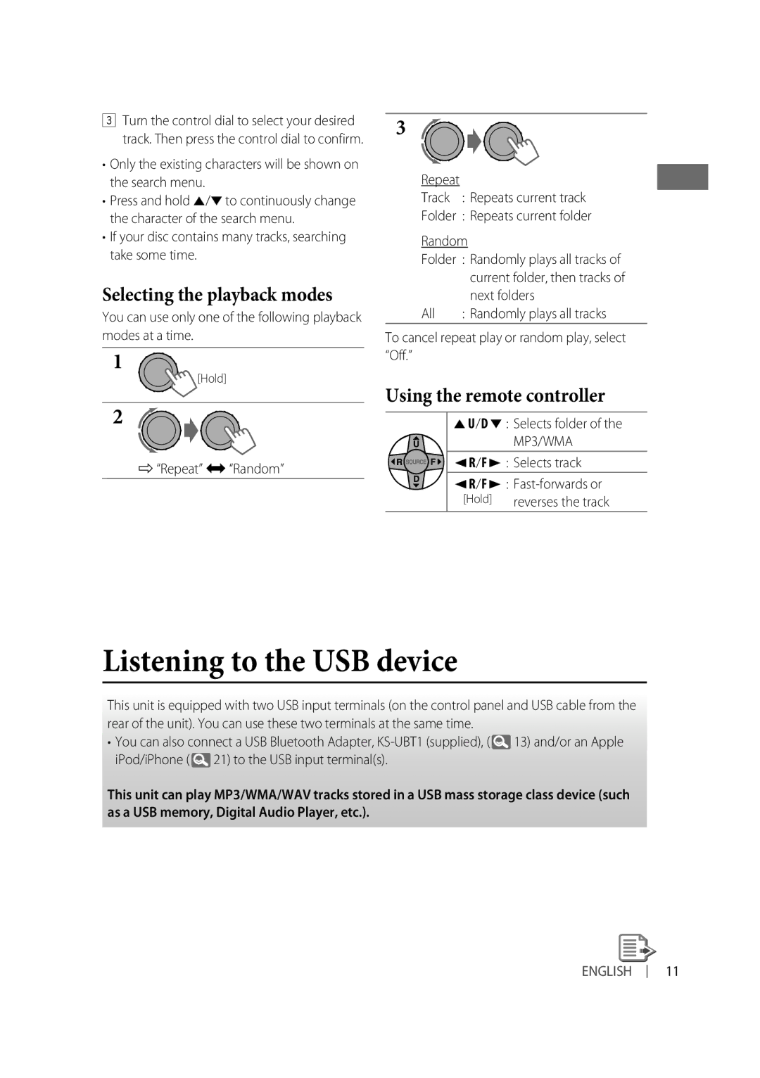 Alpine KD-R810, KD-A815 manual Listening to the USB device 