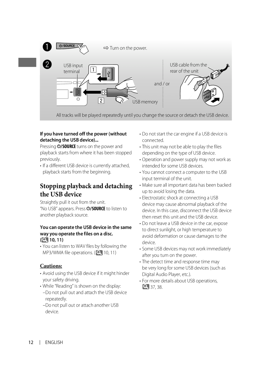 Alpine KD-R810, KD-A815 manual Stopping playback and detaching the USB device, Detaching the USB device 