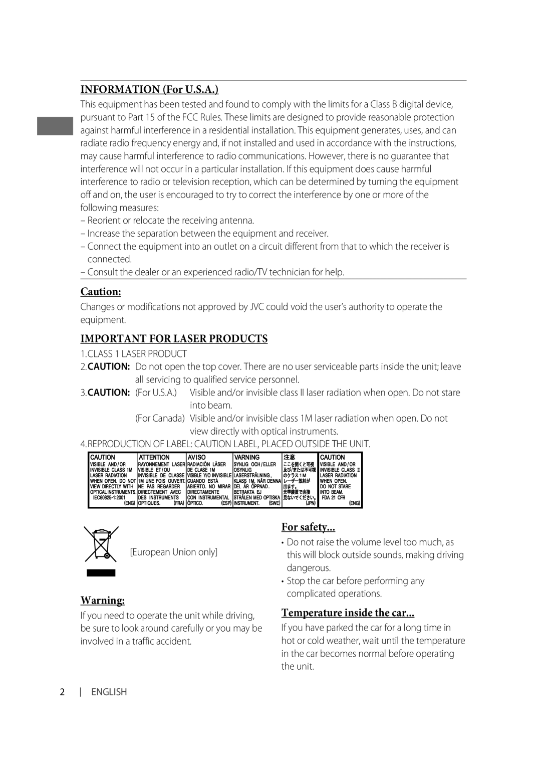 Alpine KD-R810, KD-A815 manual Information For U.S.A, For safety, Temperature inside the car 