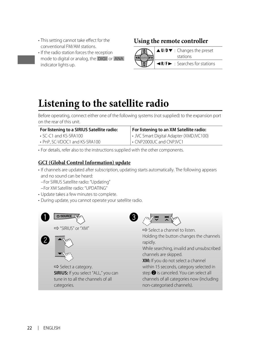 Alpine KD-R810, KD-A815 manual Listening to the satellite radio, GCI Global Control Information update 