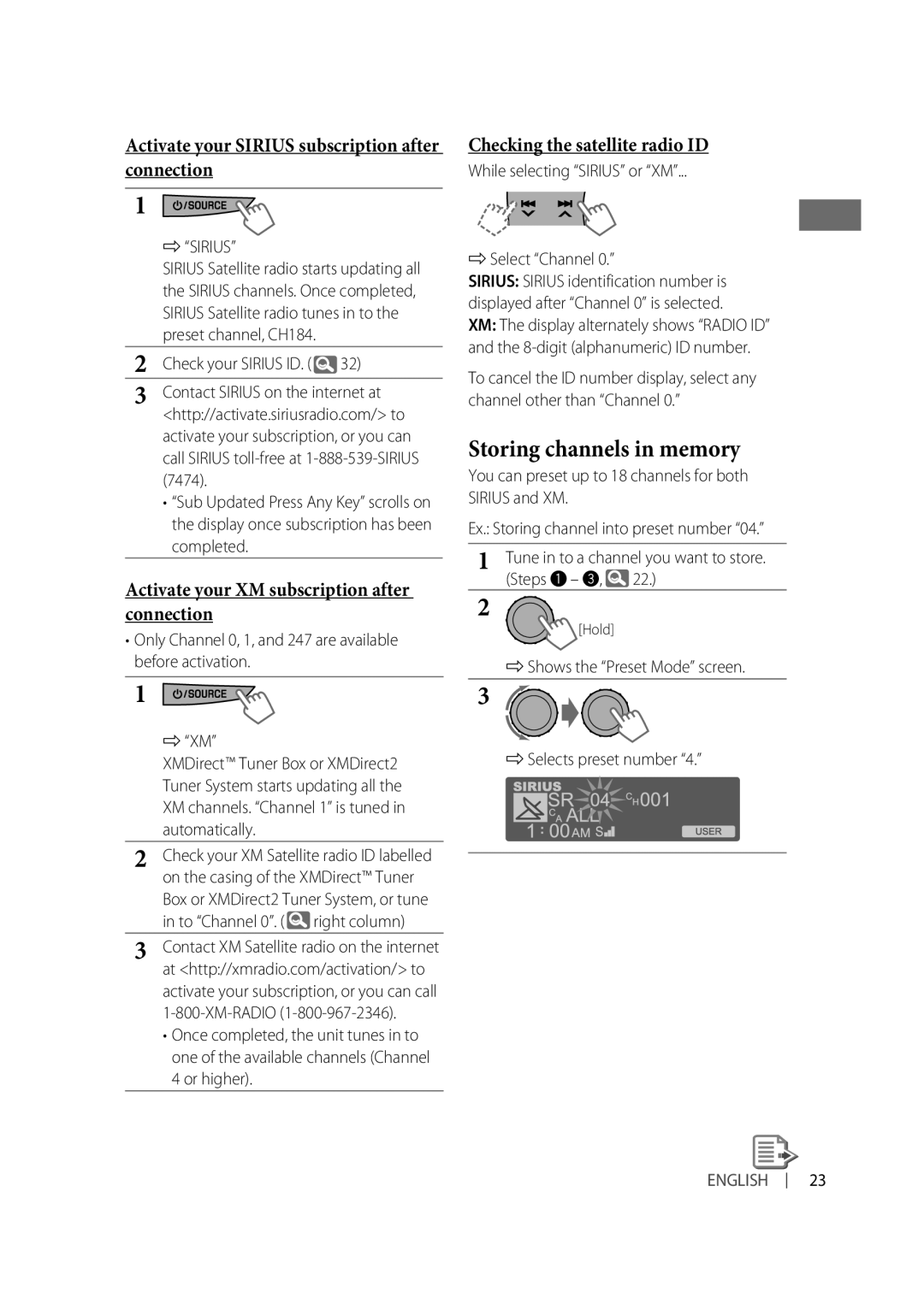 Alpine KD-A815, KD-R810 manual Storing channels in memory, Activate your Sirius subscription after connection 