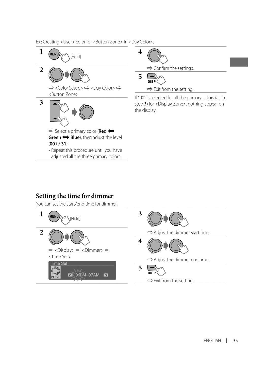 Alpine KD-A815, KD-R810 manual Setting the time for dimmer, Ex. Creating User color for Button Zone in Day Color 