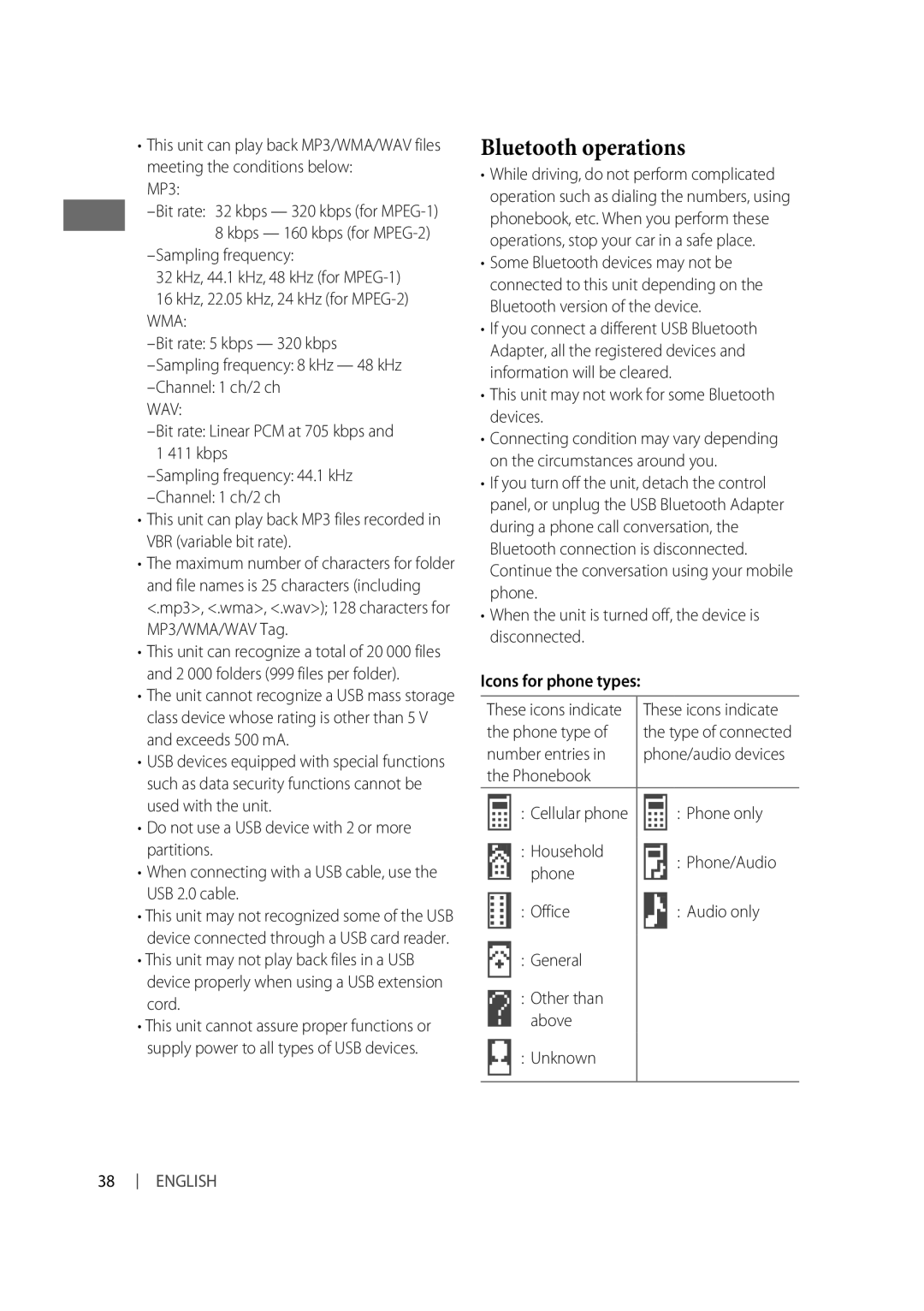 Alpine KD-R810, KD-A815 manual Bluetooth operations, Icons for phone types 