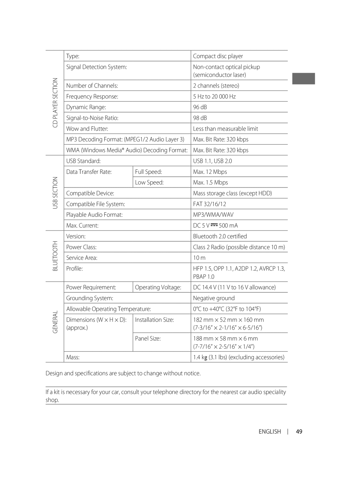 Alpine KD-A815 Type Compact disc player, Non-contact optical pickup, Semiconductor laser, Max. Bit Rate 320 kbps, 500 mA 