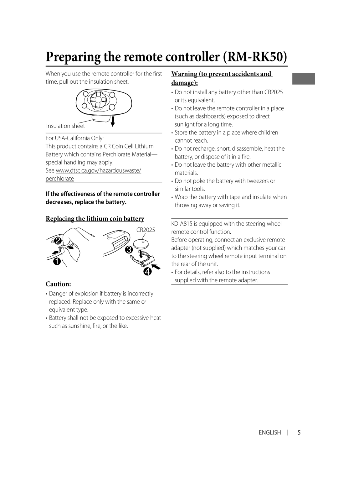 Alpine KD-A815, KD-R810 manual Replacing the lithium coin battery, Insulation sheet For USA-California Only, CR2025 