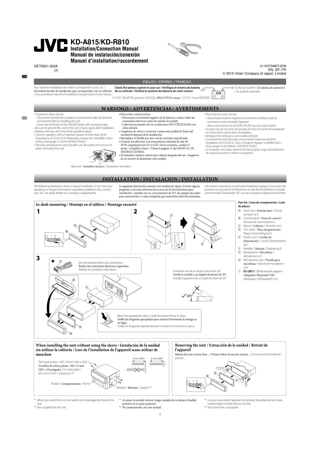 Alpine KD-A815, KD-R810 manual In-dash mounting / Montaje en el tablero / Montage encastré 