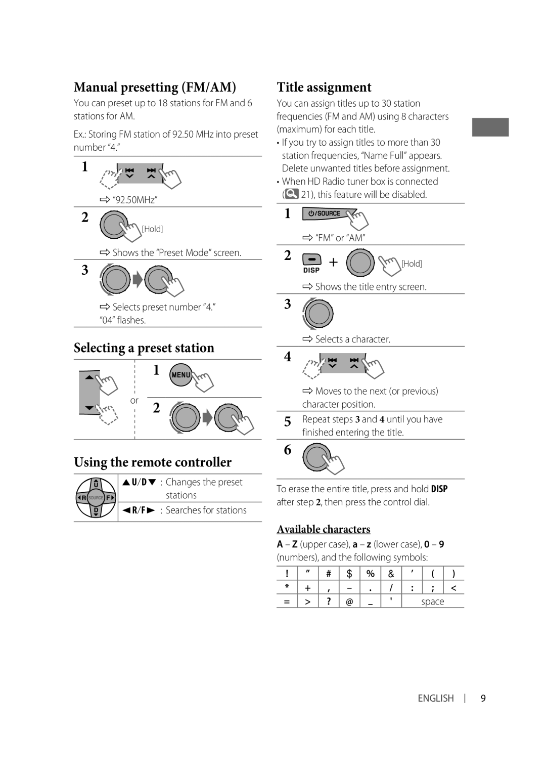 Alpine KD-A815 Manual presetting FM/AM, Selecting a preset station Using the remote controller, Title assignment, Stations 