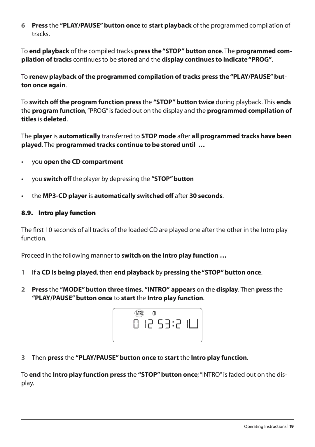 Alpine KH 2279 operating instructions You switch off the player by depressing the Stop button 