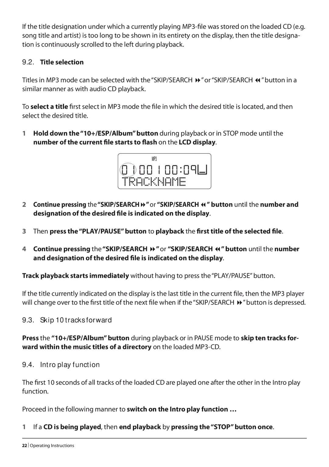 Alpine KH 2279 operating instructions Title selection, Skip 10 tracks forward 