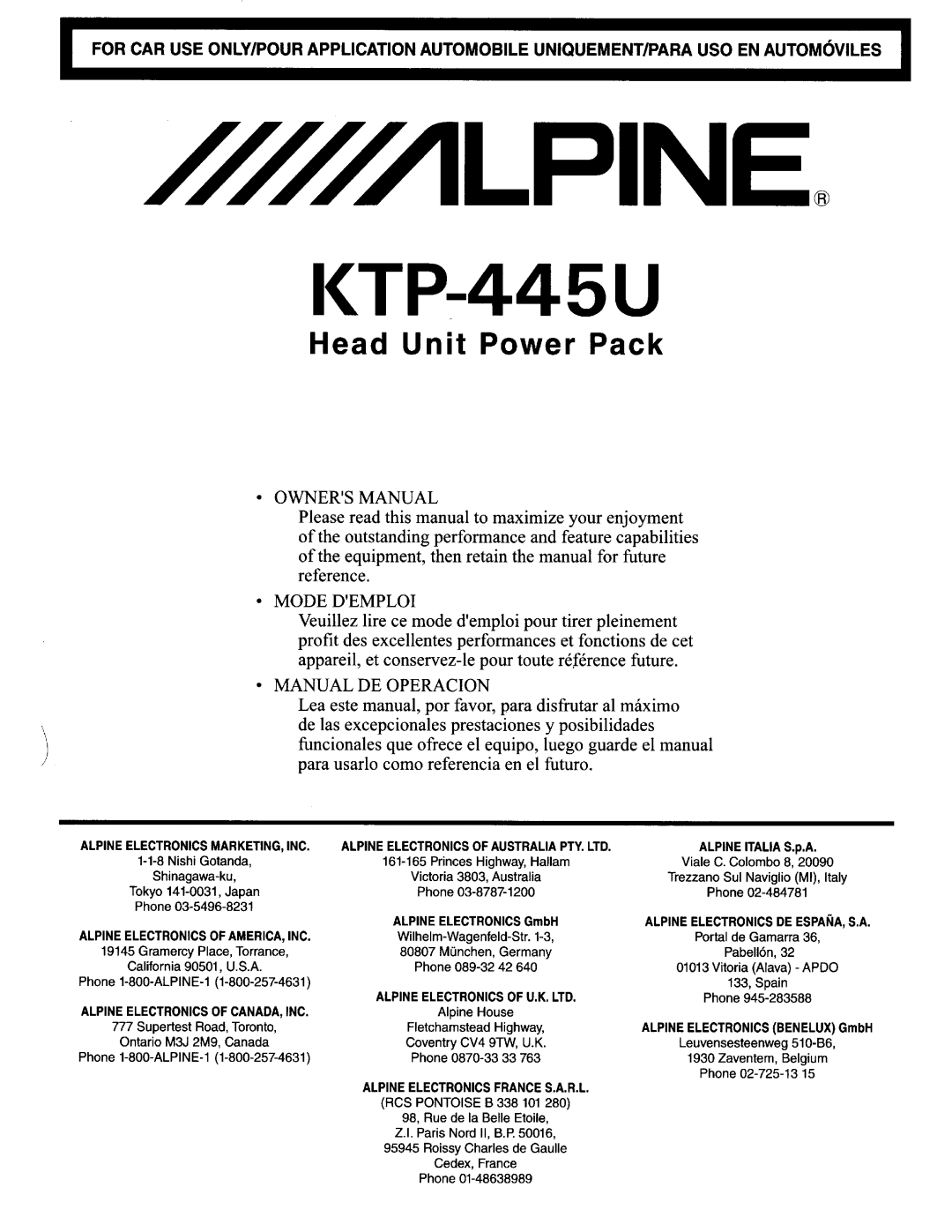 Alpine KTP-445U owner manual 