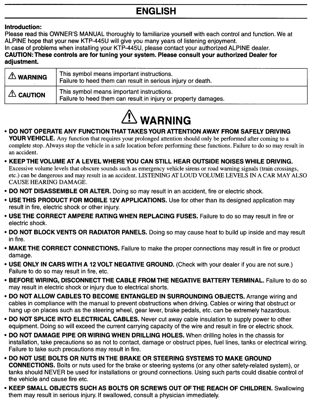 Alpine KTP-445U owner manual ~Warning 