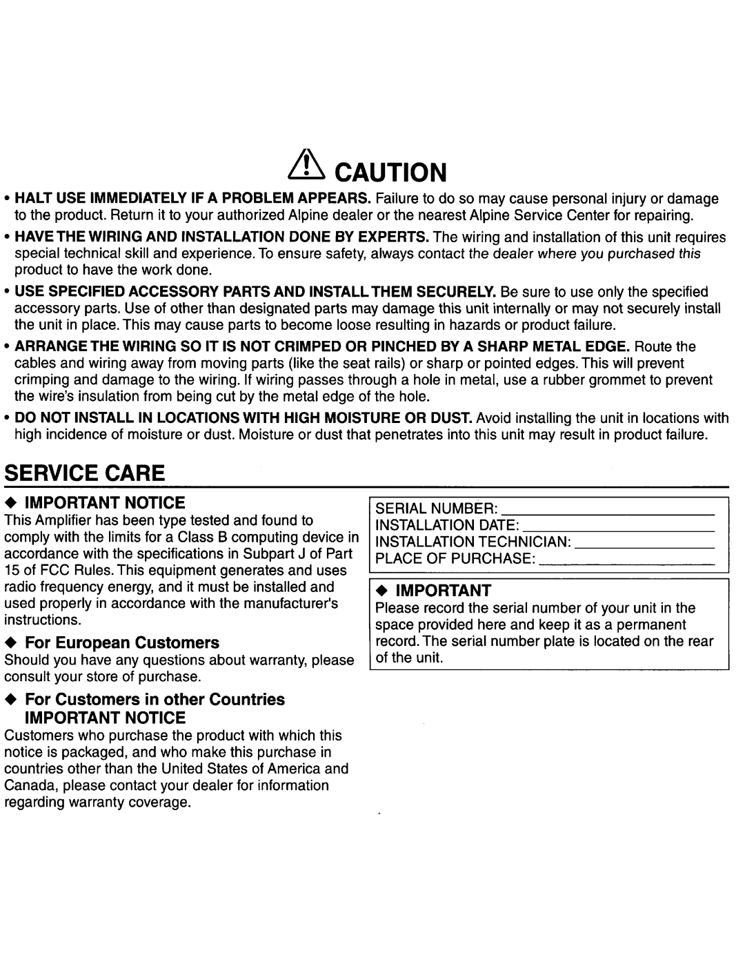 Alpine KTP-445U owner manual ~Caution 