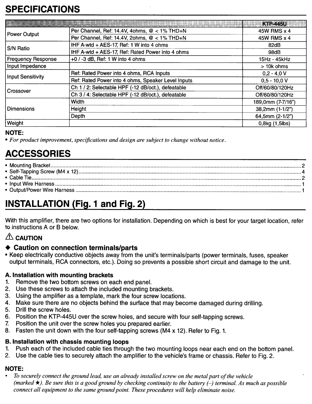 Alpine KTP-445U owner manual Specifications 